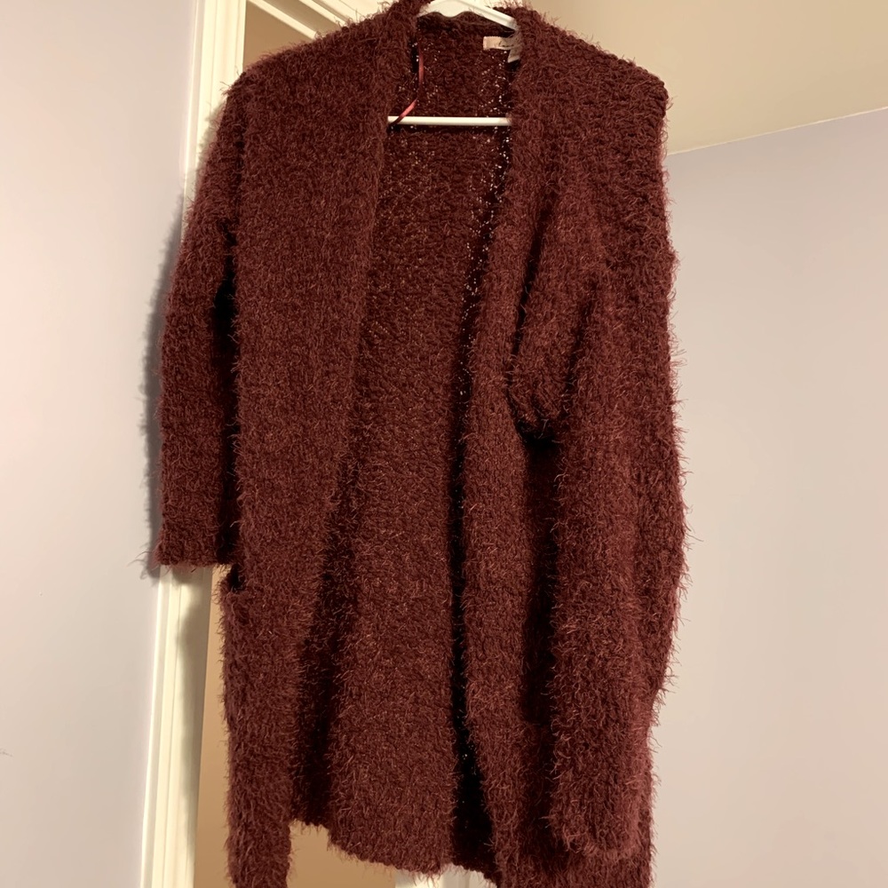 Fuzzy maroon cardigan